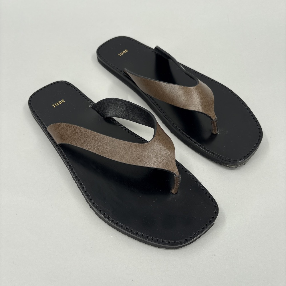 Jude Sandals Shoes Womens Size 8 38.5 Brown Leather Thong Square Toe Slip On
